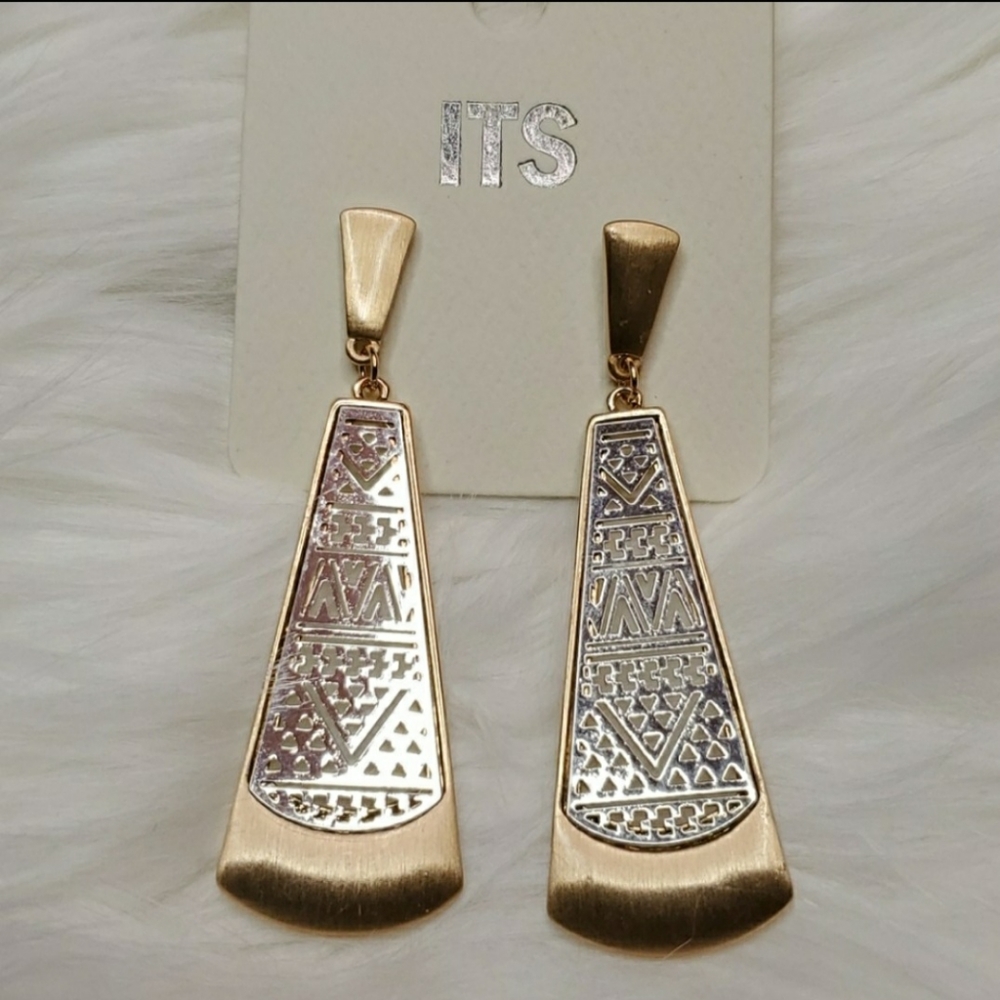 SOLD Egyptian Style Cutout Bar Drop Earrings - Picture 3 of 5